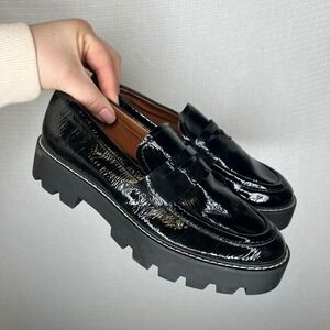 Franco Sarto Balin Black Crinkled Patent Lug Sole Penny Loafers Womens 8 L-BALIN